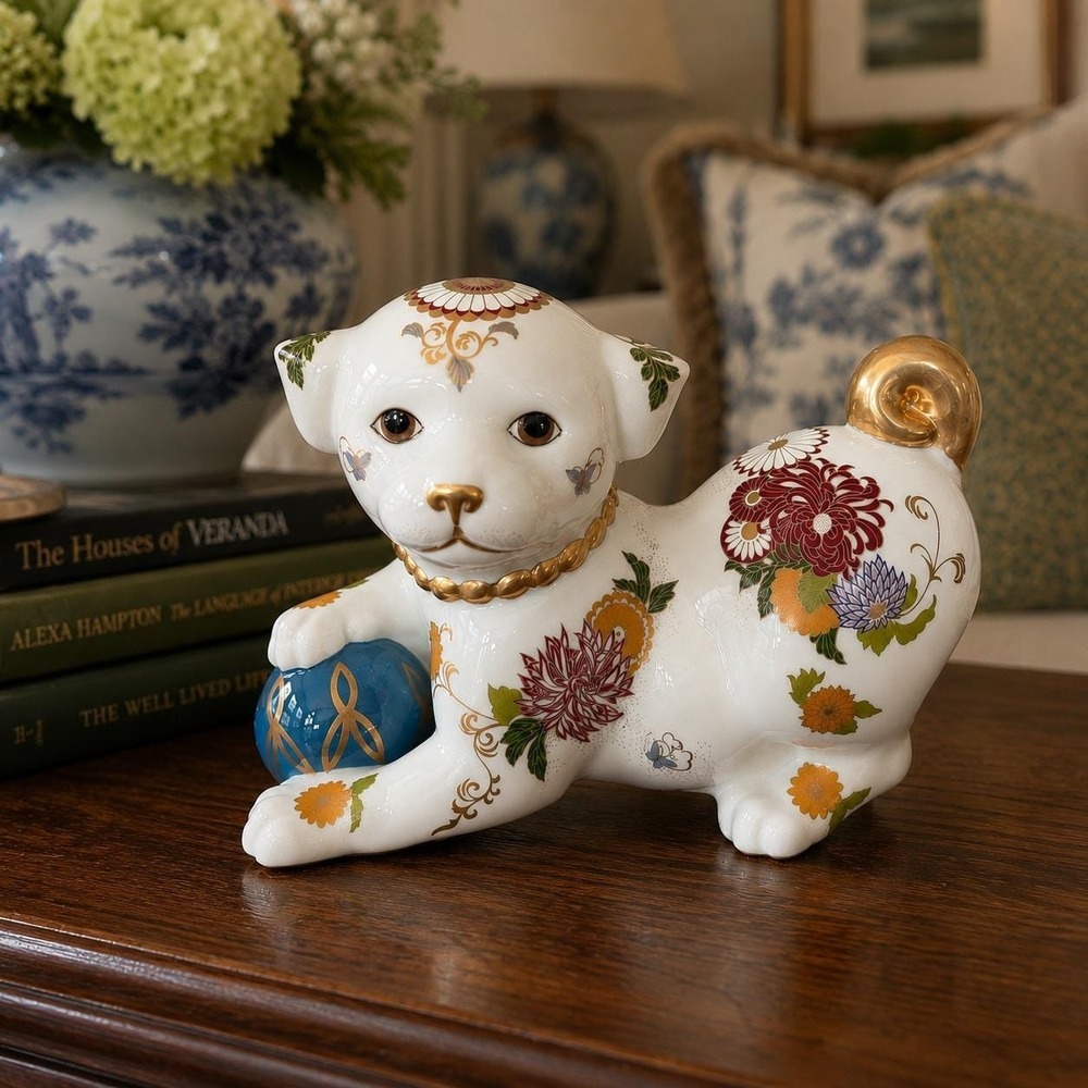 Franklin Mint Imperial Puppy of Satsuma 1987 Vintage Hand Painted Porcelain Dog